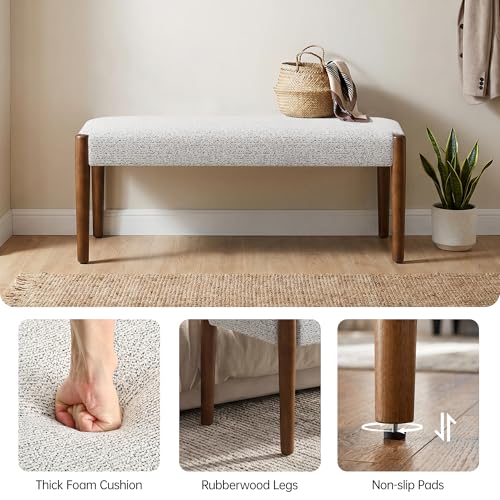 Usaint 42" End of Bed Bench with Wood Legs, Heathered White with Walnut Leg | Modern Upholstered Bedroom Bench with Rubberwood Legs, Entryway Bench with Cushion, Dining Bench for Living Room, Bedroom - color: Heathered Off-white With Walnut Leg