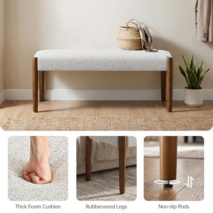 Usaint 42" End of Bed Bench with Wood Legs, Heathered White with Walnut Leg | Modern Upholstered Bedroom Bench with Rubberwood Legs, Entryway Bench with Cushion, Dining Bench for Living Room, Bedroom - color: Heathered Off-white With Walnut Leg