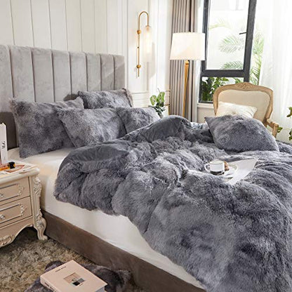 Tie Dye Printed Faux Fur Bedding Set Modern Abstract Shaggy Plush Duvet Cover with Pillow Shams, Ultra Soft Warm (Queen, Tie Dye Gray) - color: Tie Dye Gray, size: Queen
