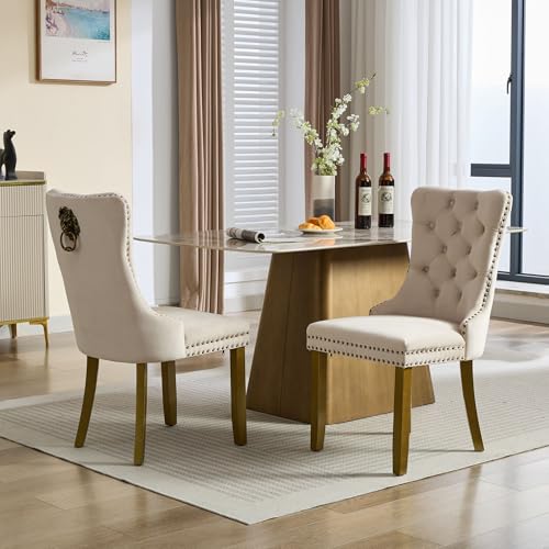 KEIKI Mid-Century Upholstered Velvet Dining Chair, Tufted Accent Seat | with Golden Solid Wood Legs for Dining Room Kitchen Room, Beige - color: Beige