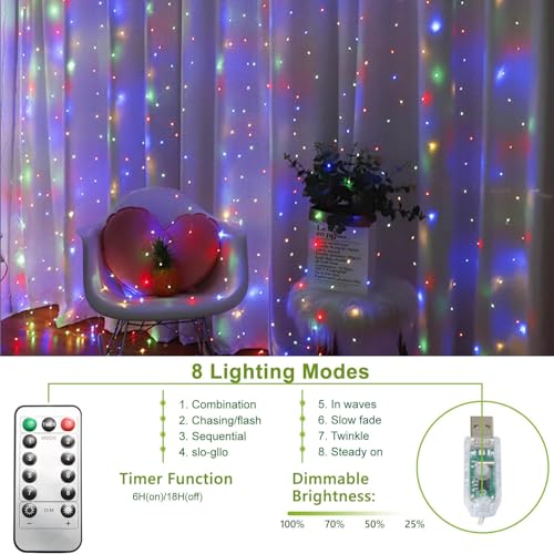 300 LED Curtain String Lights, Fairy Lights with 8 Light Modes, 9.8x9.8Ft Remote USB Plug Fairy String Lights for Christmas, Bedroom, Indoor, Outdoor, Weddings, Party, Camping Decor (Multicolored) - color: Copper Wire-Multicolor