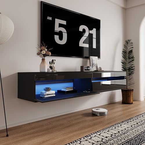 basenji 71" Floating TV Stand Wall Mounted,Solid Wood Entertainment Center with LED Lighting & Power Outlet, High-Gloss Modern Media Console for TVs up to 85",Tv Consoles for Living Room,Black - color: Black