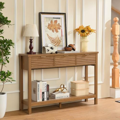 LEYAOYAO 47.2" Fluted Console Table with 3 Drawers, Brown Entryway Table | Modern Wood 2 Tier Entry Table, with Open Storage Shelf, Farmhouse Sofa Table Behind Couch, for Living Room, Hallway, Foyer - color: Tea Brown