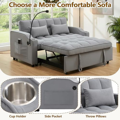3 In 1 Velvet Convertible Sofa Bed, Pull Out Couch Bed with Reclining Backrest And 2 Pillows, 54" Full Size Loveseat Sleeper Sofa Futon Couch Bed, Couches For Small Spaces, Living Room (Light Gray) - color: Light Gray