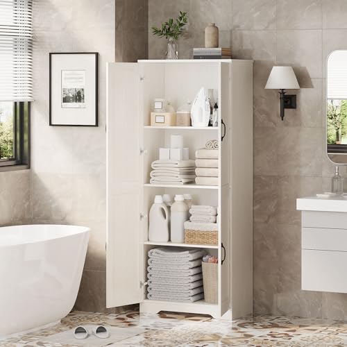 Garvee Kitchen Pantry Cabinet, Freestanding White Pantry Storage Cabinet, 60 in Cupboard, Tall Bathroom Storage Cabinet with 2 Doors and Adjustable Shelves, for Dining Room, Living Room, White | Kitchen Storage Cabinet with 2 Doors & Adjustable Shelves, W
