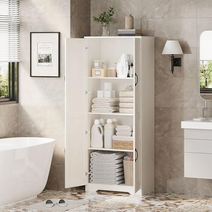 Garvee Kitchen Pantry Cabinet, Freestanding White Pantry Storage Cabinet, 60 in Cupboard, Tall Bathroom Storage Cabinet with 2 Doors and Adjustable Shelves, for Dining Room, Living Room, White | Kitchen Storage Cabinet with 2 Doors & Adjustable Shelves, W