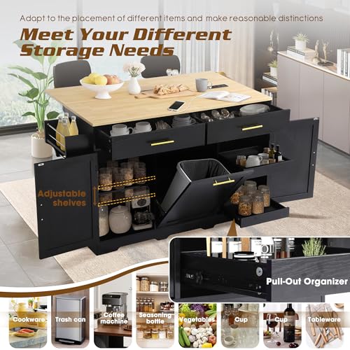 60" Kitchen Island with Power Outlet, Drop Leaf, Trash Can Storage | Rolling Kitchen Island Table Cart Cabinet with Drawer, Mobile Kitchen Cabinet on Wheels w/Spice Rack, Towel Bar, Hooks - color: Black, size: 60"
