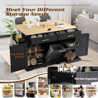 60" Kitchen Island with Power Outlet, Drop Leaf, Trash Can Storage | Rolling Kitchen Island Table Cart Cabinet with Drawer, Mobile Kitchen Cabinet on Wheels w/Spice Rack, Towel Bar, Hooks - color: Black, size: 60"