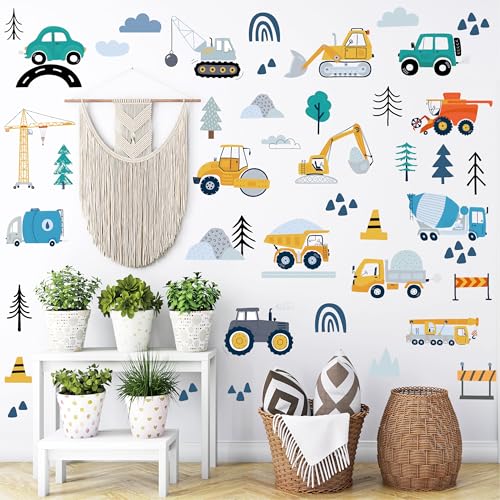 AOWDIAO Construction Vehicle Wall Decals – 90Pcs Reusable Peel and Stick Vinyl Stickers for Kids’ Room, Nursery & Playroom – Removable Truck Decoration for Boys & Toddlers - style: Construction Vehicle