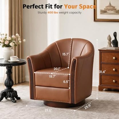 360° Swivel Accent Chair, Faux Leather Swivel Barrel Chairs | Nailhead Trim & Wood Base, Round Armchair Club Chair, Modern Reading Chairs for Living Room (BX01, Wood Brown) - color: Wood Brown