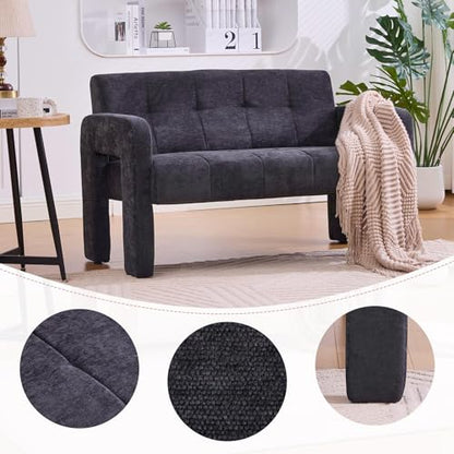 46.8" Modern Compact Loveseat, Chenille Upholstered Sofa with Dual Armrests - Small Two-Seater Lounge Couch for Small Spaces, Living Rooms, Bedrooms (Black) - color: Black