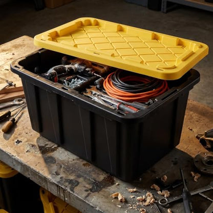 4 Pack 17 Gallon Stackable Lockable Storage Bins with Lids, Black & Yellow | Thickened durable plastic, nestable empty design, built-in ergonomic handles, multi-scene indoor outdoor storage use