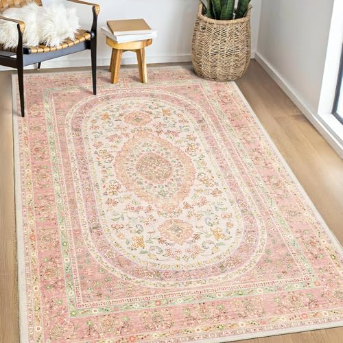 Pink Rug 3x5,Boho Washable Area Rugs for Bedroom Entryway | Small Vintage Distressed Farmhouse Non Slip Carpet for Living Room,Blush Floral - color: Pink, size: 3'x5'