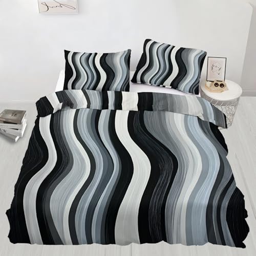 Waves Comforter Set Full, Monochrome Abstract Bedding Set, Modern Swirl Duvet Cover, 2 Pillow Cases, Zipper & Ties, Reversible Print Bedding Set & Home Decor - color: Monochrome Abstract, size: Full (80 x 90 in)