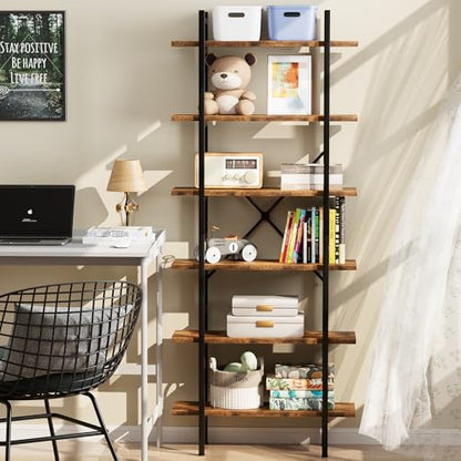 6 Tiers Bookshelf Organizer Industrial Tall Shelving, Modern Open Bookcase | Brown - color: Rustic Brown, size: 6-Tiers
