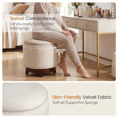 GIANTEX Round Ottoman with Storage, 360° Swivel Velvet Vanity Stool with Removable Lid, Wood Frame & Legs, Ottoman Foot Rest for Living Room, Bedroom, Makeup Room No Assembly (White & Walnut) - color: White & Walnut