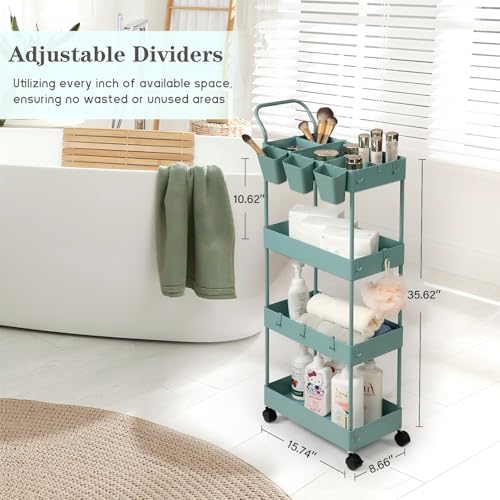 Slim Storage Cart on Wheels, 4 Tier Narrow Laundry Cart with Hooks Hanging Cups Dividers Mobile Rolling Lash Cart with Handle for Bathroom Small Spaces, Green - style: 4 Tier Green