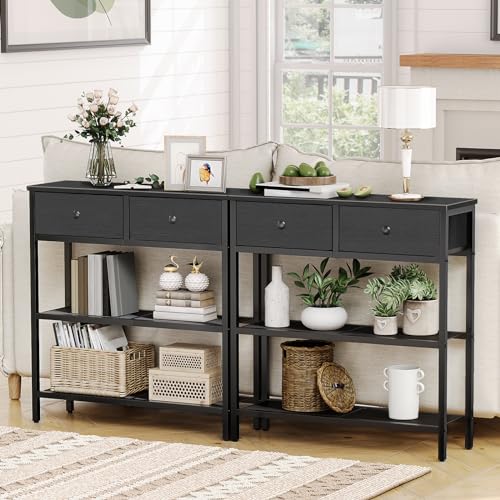 HOOBRO 29.5" Narrow Console Table with 2 Fabric Drawers, Sofa Table, Small Entryway Table with 3-Tier Storage Shelves, Behind Couch Table, for Living Room, Hallway, Black BB72XG01 - color: Black