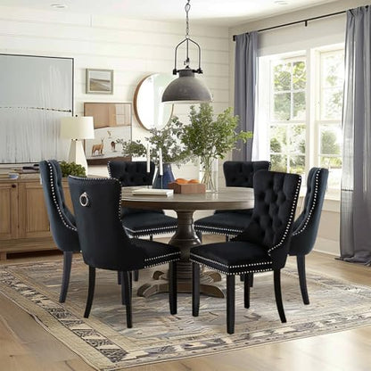 Velvet Upholstered Dining Chairs Set of 6, Modern Style Kitchen Side Chairs with Nailhead Trim and Wood Legs,Metal Pulling Ring for Dining Room Living Room(Black,Set of 6) - color: Black, size: Set of 6