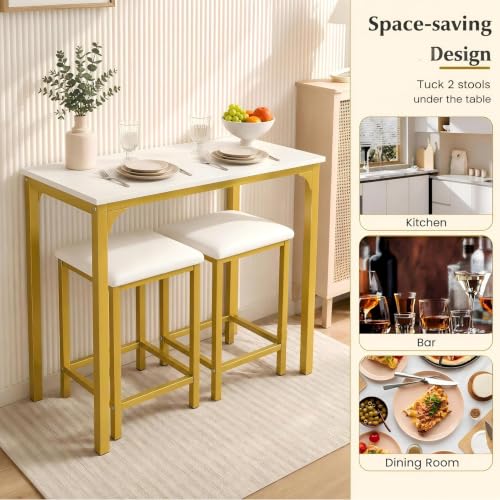 COSTWAY Dining Table Set, Counter Height Table & 2 Upholstered Stools | White & Gold, PU Leather Seats, Metal Frame, Modern, Space-Saving for Small Space Dorm & Kitchen Island - color: White & Gold