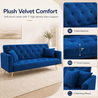 Majnesvon 71" Convertible Folding Sleeper Sofa Couch,Modern Velvet Loveseat Sleeper with 2 Pillows, Futon Sofa Bed with Mattress and Frame for Living Room,Bedroom,Small Space (Blue) - color: Blue