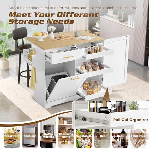 48" Kitchen Island with Trash Can Storage & Drop Leaf on Wheels | Rolling Kitchen Island Table Cart Cabinet with Drawer, Mobile Kitchen Cabinet on Wheels w/Spice Rack, Towel Bar, Hooks - color: White, size: 48"