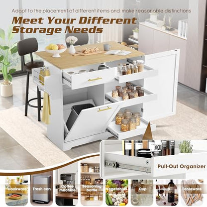 48" Kitchen Island with Trash Can Storage & Drop Leaf on Wheels | Rolling Kitchen Island Table Cart Cabinet with Drawer, Mobile Kitchen Cabinet on Wheels w/Spice Rack, Towel Bar, Hooks - color: White, size: 48"
