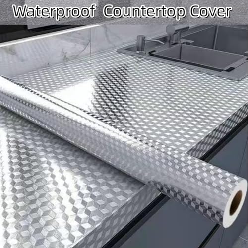 Soqool Oil Proof Kitchen Wallpaper Peel and Stick Backsplash Sticker Self Adhesive Contact Paper for Drawer Cabinet Shelf Liner, Waterproof Table/Countertop Cover 15.7" W x 393.7" L - color: Silver-3dcube, size: 15.7"W x 393.7"L