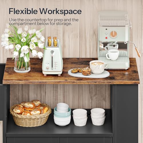 HOOBRO Kitchen Island with Power Outlet, Rolling Kitchen Island with Glass Doors and Open Storage Shelf, Island Table with Spice Rack, Towel Rack for Kitchen, Rustic Brown and Black BF53UZD01