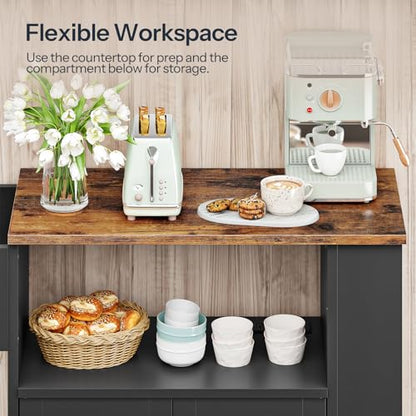 HOOBRO Kitchen Island with Power Outlet, Rolling Kitchen Island with Glass Doors and Open Storage Shelf, Island Table with Spice Rack, Towel Rack for Kitchen, Rustic Brown and Black BF53UZD01