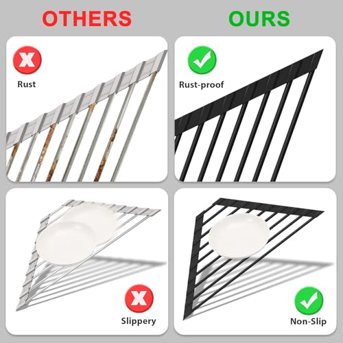 HANZENMA Triangular Sink Rack, Multi-Functional Rack Above the countertop, Foldable Sink Drying mat, Heat-Resistant, Non-Slip, and Rust-Proof Dish Rack (Black) - color: Black, size: Triangle: 15.8" x 9"