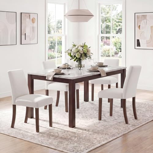 Fabric Upholstered Dining Chairs Set of 4, Parsons Chairs for Small Space | Mid Century Dining Room Chairs with Wooden Legs for Restaurant & Cafe, Light Beige - color: Light Beige, size: Set of 4