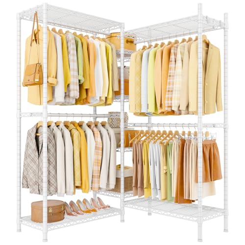 E4L L-shaped Clothing Rack for Corner, Heavy-Duty Freestanding Garment Rack, Metal Clothes Storage Organizer System with Shelves and Hangers, Max Load 962lbs, 42.7" W x 42.7" D x 79.3" H, White - color: White