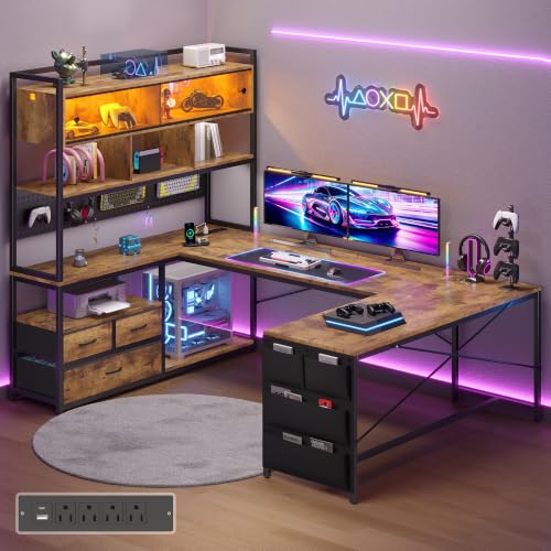 busyeah U-Shaped Gaming Desk with Storage Shelves & 3 Drawers, Rustic Brown | Reversible Computer Desk with LED Lights & Charging Station, Gaming Desk with Hutch and Pegboard for Home Office, Gamers - color: Rustic Brown