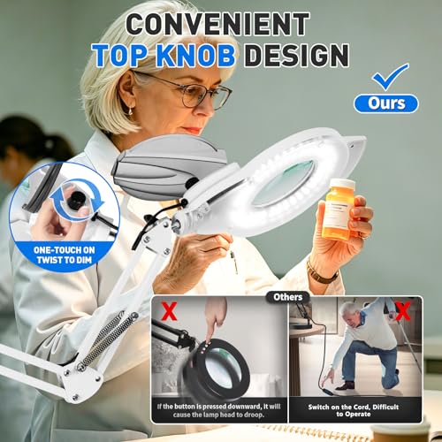 KIRKAS LED Magnifying Lamp with Clamp, 2,200 Lumens Dimmable 35in 12X | Magnifying Glass with Light for Repair Reading Craft Needlework Workbench Magnifier Dust Cover Adjust Swivel Arm - color: White 35in