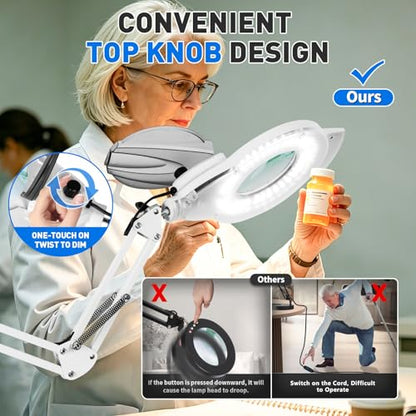 KIRKAS LED Magnifying Lamp with Clamp, 2,200 Lumens Dimmable 35in 12X | Magnifying Glass with Light for Repair Reading Craft Needlework Workbench Magnifier Dust Cover Adjust Swivel Arm - color: White 35in
