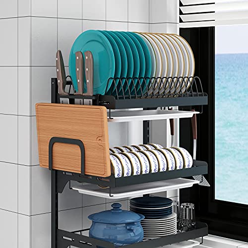 Wall Mounted Stainless Steel Dish Drying Rack Fruit Vegetable Storage Basket with Drainboard and Hanging Chopsticks Cage Knife Holder Kitchen Supplies Shelf Utensils Organizer (3-Tier) - color: 3-tier Dish Rack