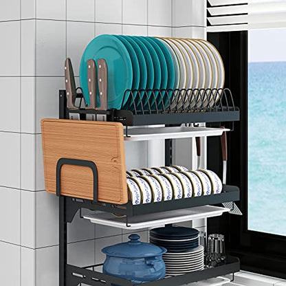 Wall Mounted Stainless Steel Dish Drying Rack Fruit Vegetable Storage Basket with Drainboard and Hanging Chopsticks Cage Knife Holder Kitchen Supplies Shelf Utensils Organizer (3-Tier) - color: 3-tier Dish Rack