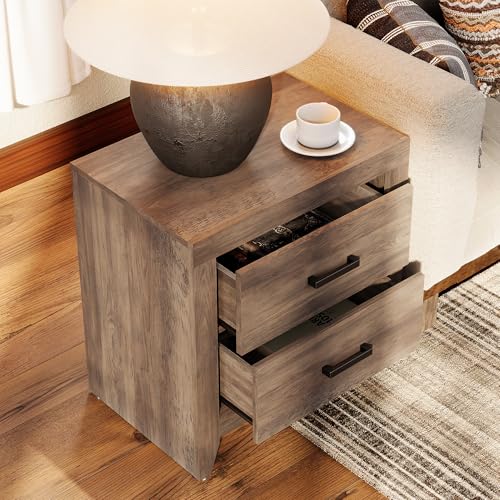 WAMPAT Nightstands Set of 2 with 2 Large Drawers, Wooden Bedside Tables with Storage for Bedroom, Farmhouse Rustic End Tables, Brown - color: Brown