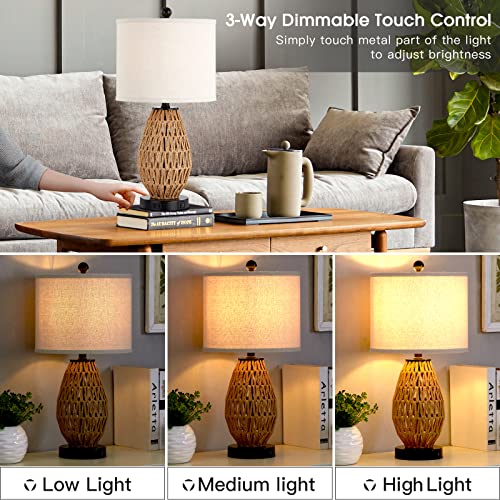 CINSARY Touch Control Rattan Table Lamp, 3 Way Dimmable Bedside Lamp for Bedroom with 2 USB Ports and AC Outlet, Wicker Nightstand Lamps for Living Room(LED Bulb Included), Rattan-1PK - color: Rattan-1PK