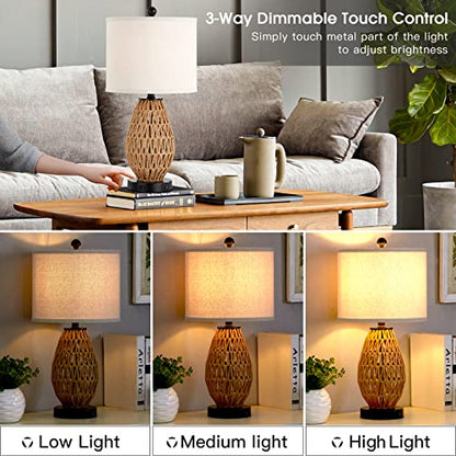 CINSARY Touch Control Rattan Table Lamp, 3 Way Dimmable Bedside Lamp for Bedroom with 2 USB Ports and AC Outlet, Wicker Nightstand Lamps for Living Room(LED Bulb Included), Rattan-1PK - color: Rattan-1PK