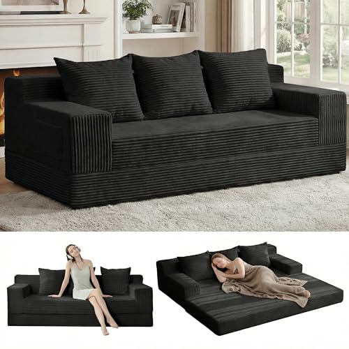 Erament 3 Seater Boneless Couch Sofa Bed, 78'' Corduroy Oversized Loveseat Folding Sofas Bed, Compression Convertible Futon Floor Couch Sofa Beds with 3 Pillows for Living Room Bedroom Apartment - color: Black, size: 78''（King）