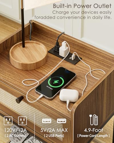 Masupu Nightstand with Charging Station, Modern Bedside Table Night Stand with Storage Drawer and Shelf,Small End Side Table for Bedroom,Living Room,Walnut Brown - color: Outlet-walnut