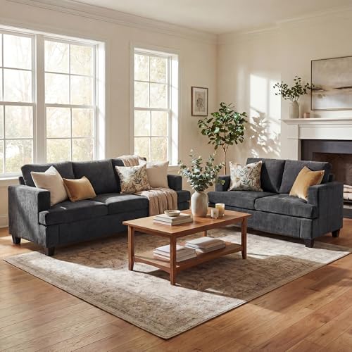 YOUDENOVA 2 Piece Set Comfy Sofa Couch, 3 Seater & Loveseat Sofa with Deep Seats, Modern Sleeper Couch for Living Room, Dark Grey Chenille - color: Dark Grey Chenille, size: 3-Seater + Loveseat
