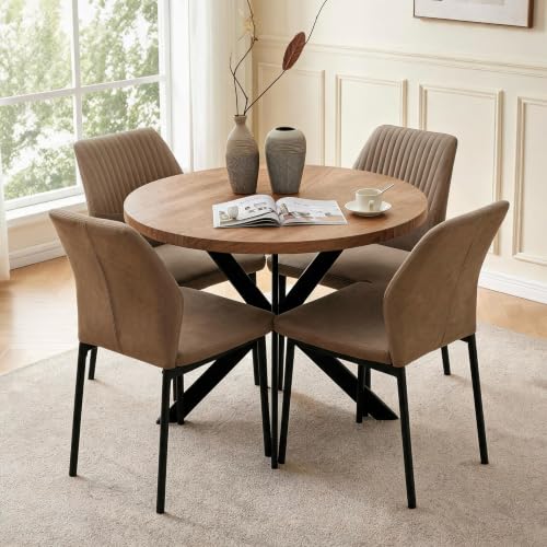 37" Round Dining Table Set for 4, Mid Century Modern Small Coffee Set for Dining Room Kitchen Apartment (Walnut Table + 4 PU Leather Beige Chairs) - color: Beige, size: 37" Brown Round Table+4 Chairs