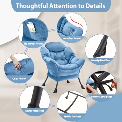 Youtanic Lazy Chair Thick Padded, Comfy Velvet Accent Lounge Chair with Stable Frame, Leisure Sofa Armchair with Armrests and Side Pocket, Reading Chair for Bedroom, Living Room, Office, Light Blue - color: Light Blue Without Stool