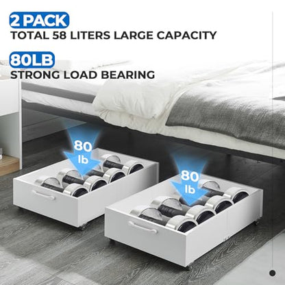2-Pack Under Bed Storage Drawers Organizer with Wheels, White | 58L total capacity, 80 lb per Drawer, Fits 6 in Bed Clearance, Rolling Drawers for Shoes, Clothes, Linens, Toys - color: White