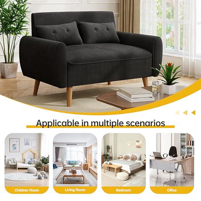 47'' Small Loveseat Sofa, 2 Seat Compact Couch with Tapered Legs, Black Upholstered Furniture, Solid Wood Frame, Comfy Foam Cushion, Easy Assembly for Small Spaces - color: Black
