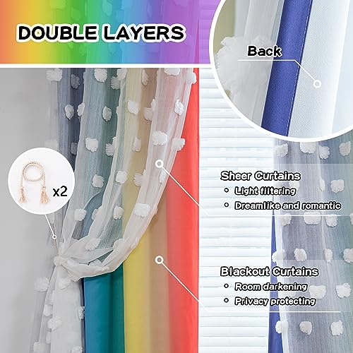 MYSKY HOME Rainbow Curtains for Boys Bedroom Kids Curtains 54 Inches Length White Pom Pom Sheer Small Window Curtains Nursery 2 Panels Double Layer Curtains Grommet Room Darkening Curtains, W52 X L54 - color: Rainbow, size: 52"W x 54"L (Pack of 2)