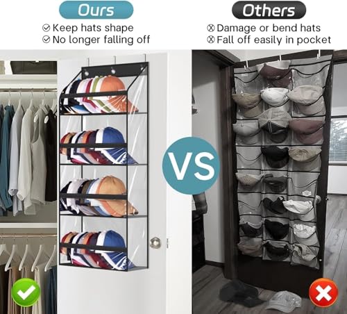 AOODA Clear Over the Door Hat Racks for Baseball Caps, Hold 48 Caps Hat Storage Organizer for Closet Wall, Deep Pockets Hanging Snapback Holder Shelves with 3 Hooks, Black - color: Black, size: 36.2"